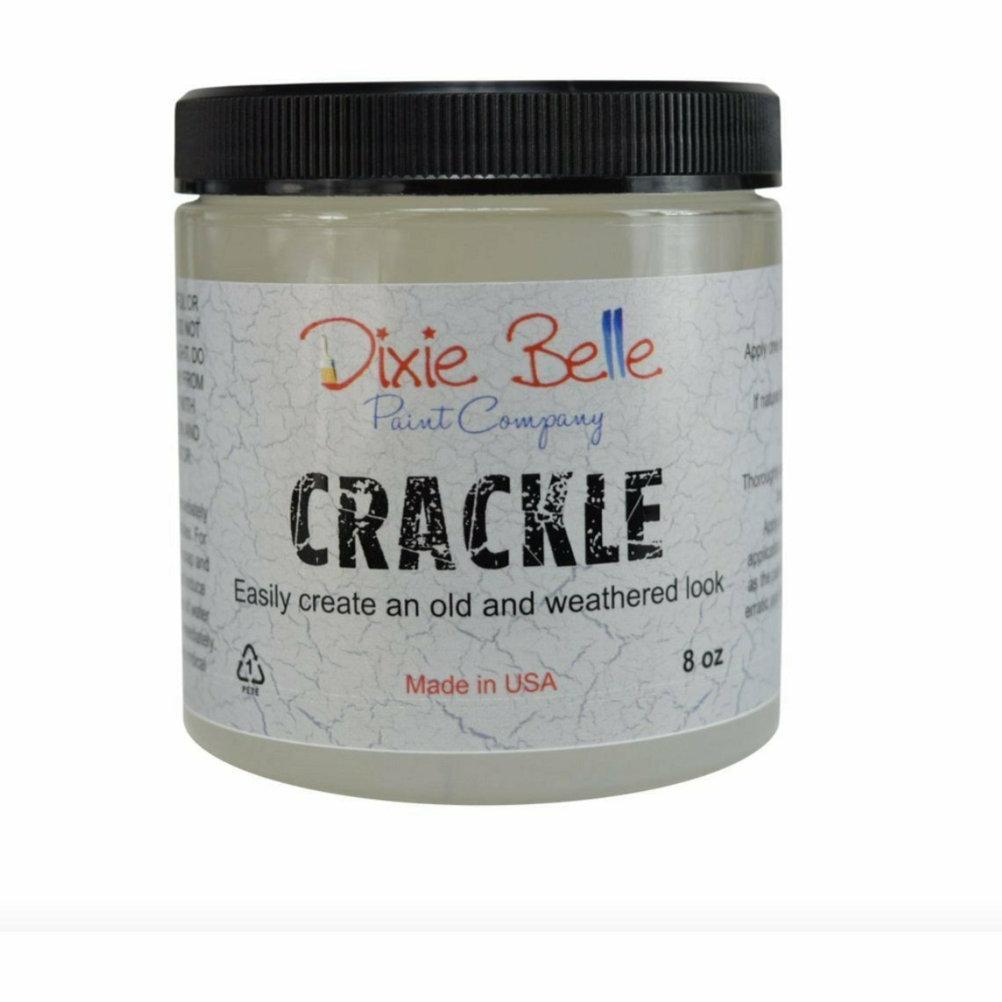 An 8oz container of Dixie Belle Paint Company's Crackle Finish is against a white background. This product helps to easily create an old and weathered look.