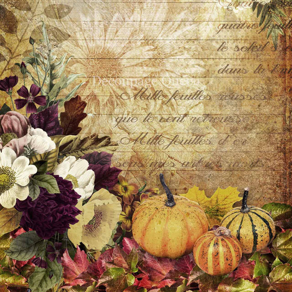 A3 rice paper with pumpkins and autumn flowers on an antique background with faded caligraphy writing.