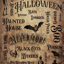 A3 rice paper of a bat, skull, raven, and words like Halloween, haunted house, zombies, Nevermore, etcetera on a sepia background.