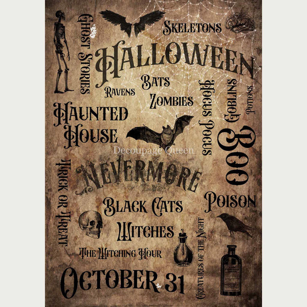 A3 rice paper of a bat, skull, raven, and words like Halloween, haunted house, zombies, Nevermore, etcetera on a sepia background. White borders on the sides.