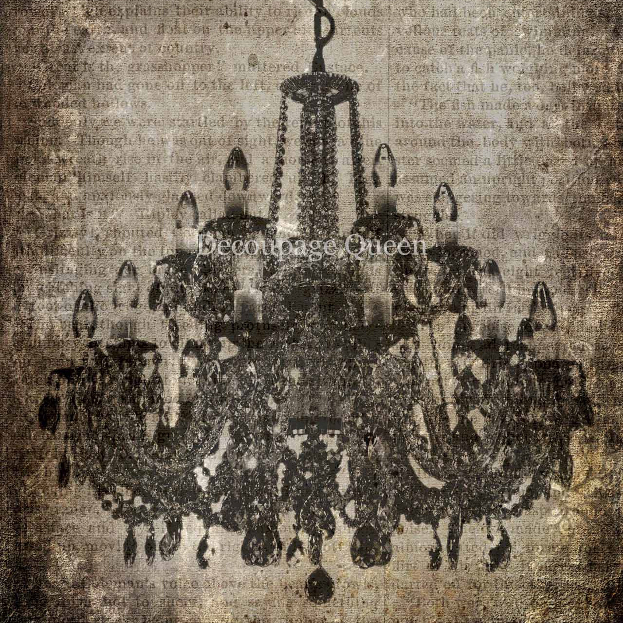 A2 rice paper design of crystal chandelier over faded grungy book text.