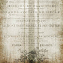 Close-up of a rice paper design of faded French text on a stained edge grain sack pattern.