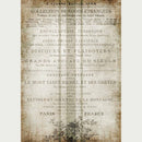 Rice paper design of faded French text on a stained edge grain sack pattern. White borders are on the sides.