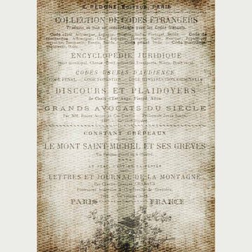 Rice paper design of faded French text on a stained edge grain sack pattern. White borders are on the sides.