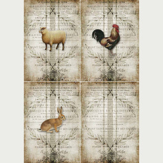 A3 rice paper designs of faded French writing with farm animals on a stained grain sack pattern. White borders are on the sides.