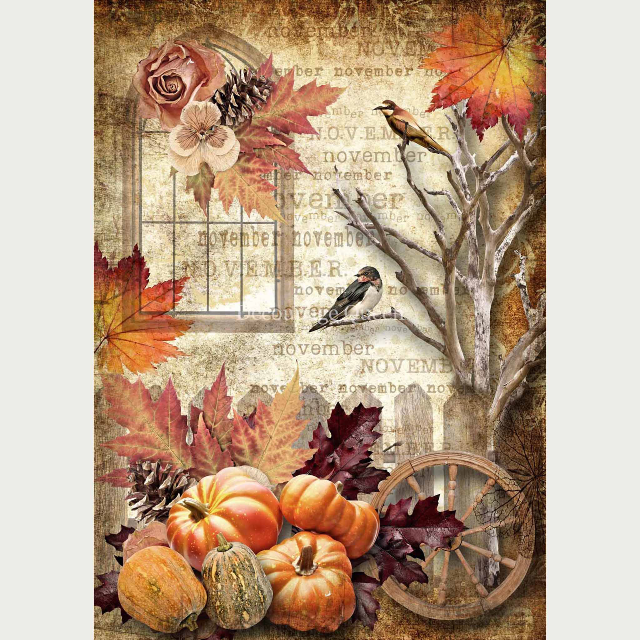 A3 rice paper design of pumpkins and gourds on a fall background. White borders are on the sides.