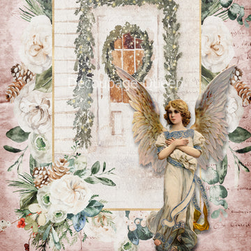 Close-up of a rice paper featuring a vintage angel on a background of a white door with a wreath and garland around it in a frame with white flowers, pine cones, and evergreens around the frame.