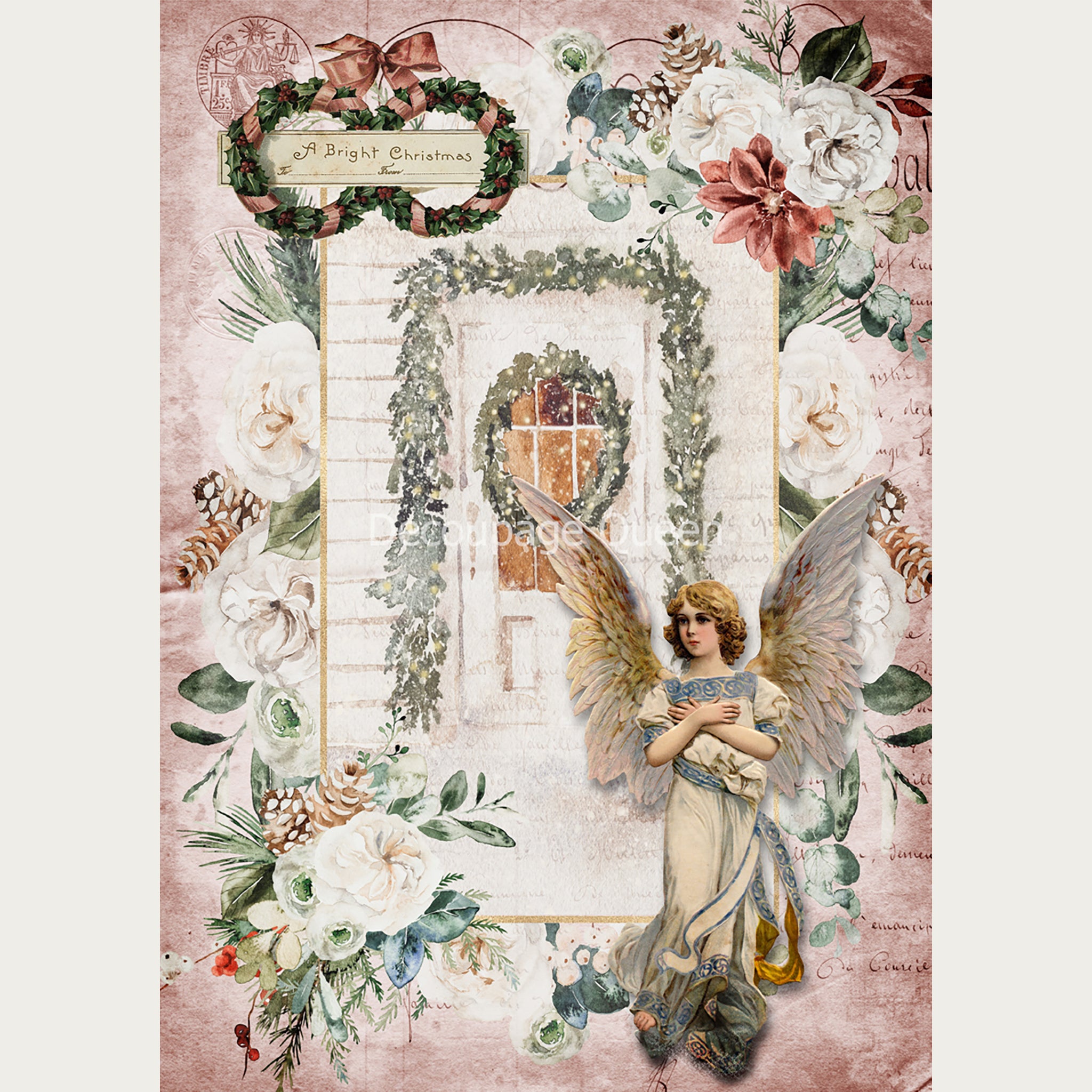 A vintage angel on a background of a white door with a wreath and garland around it in a frame with white flowers, pine cones, and evergreens around the frame.