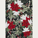 Rice paper design of red and white poinsettias with leaves on a black background. White borders are on the sides.