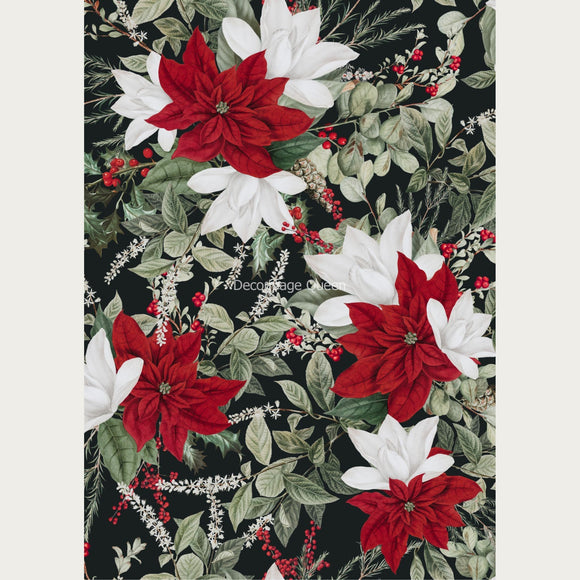 Rice paper design of red and white poinsettias with leaves on a black background. White borders are on the sides.