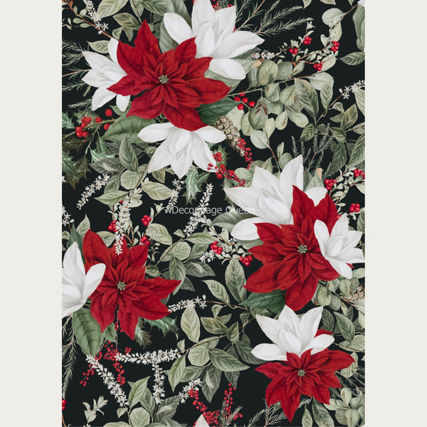 A1 rice paper design of red and white poinsettias with leaves on a black background. White borders are on the sides.