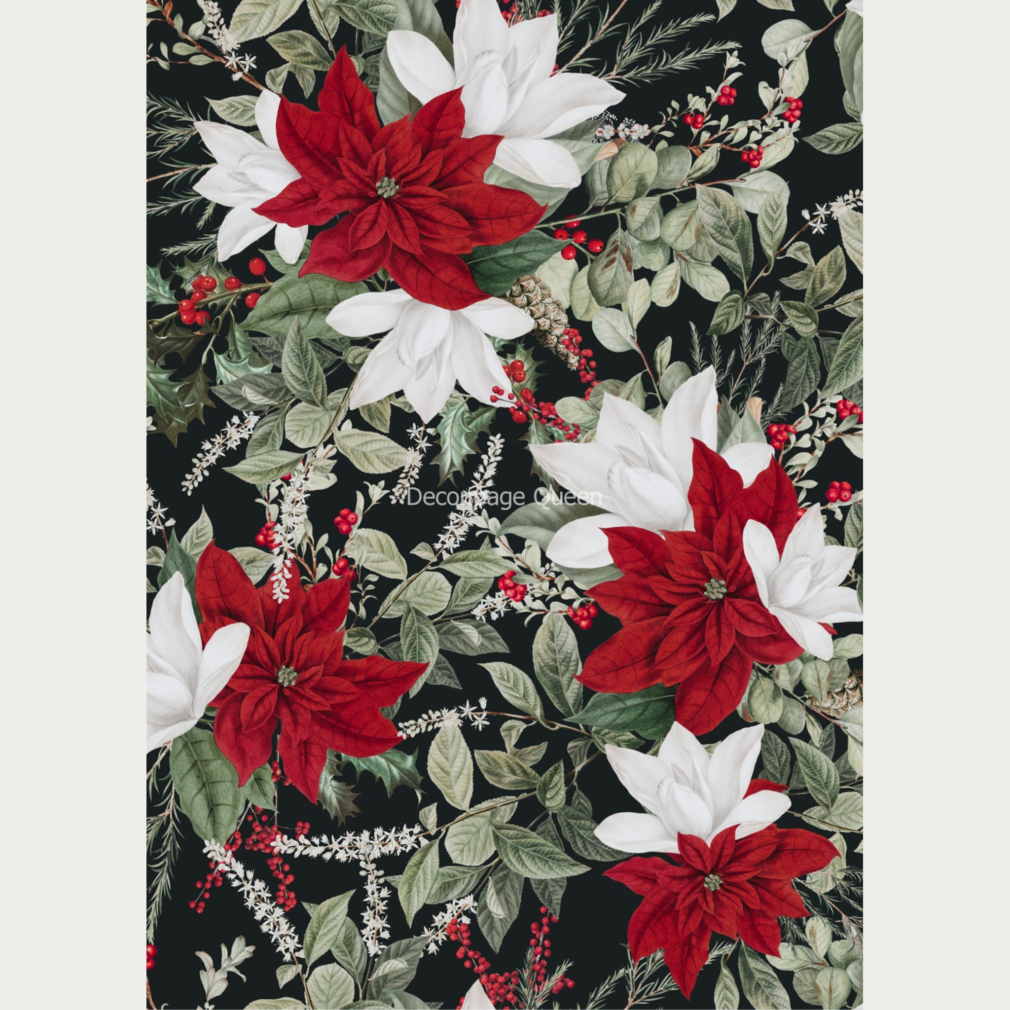 A2 rice paper design of red and white poinsettias with leaves on a black background. White borders are on the sides.