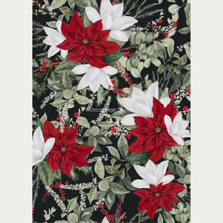 A0 rice paper design of red and white poinsettias with leaves on a black background. White borders are on the sides.