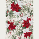 Rice paper design of red and white poinsettias with leaves on a vintage white background. White borders are on the sides.
