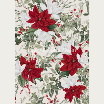 Rice paper design of red and white poinsettias with leaves on a vintage white background. White borders are on the sides.