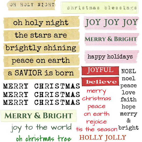 Close-up of a rice paper design of Christmas song lyrics and sayings. 