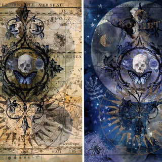A3 rice papers that feaure 2 gothic skull and butterfly celestial designs. One is on vintage yellowed parchment and the other against a night sky blue background.