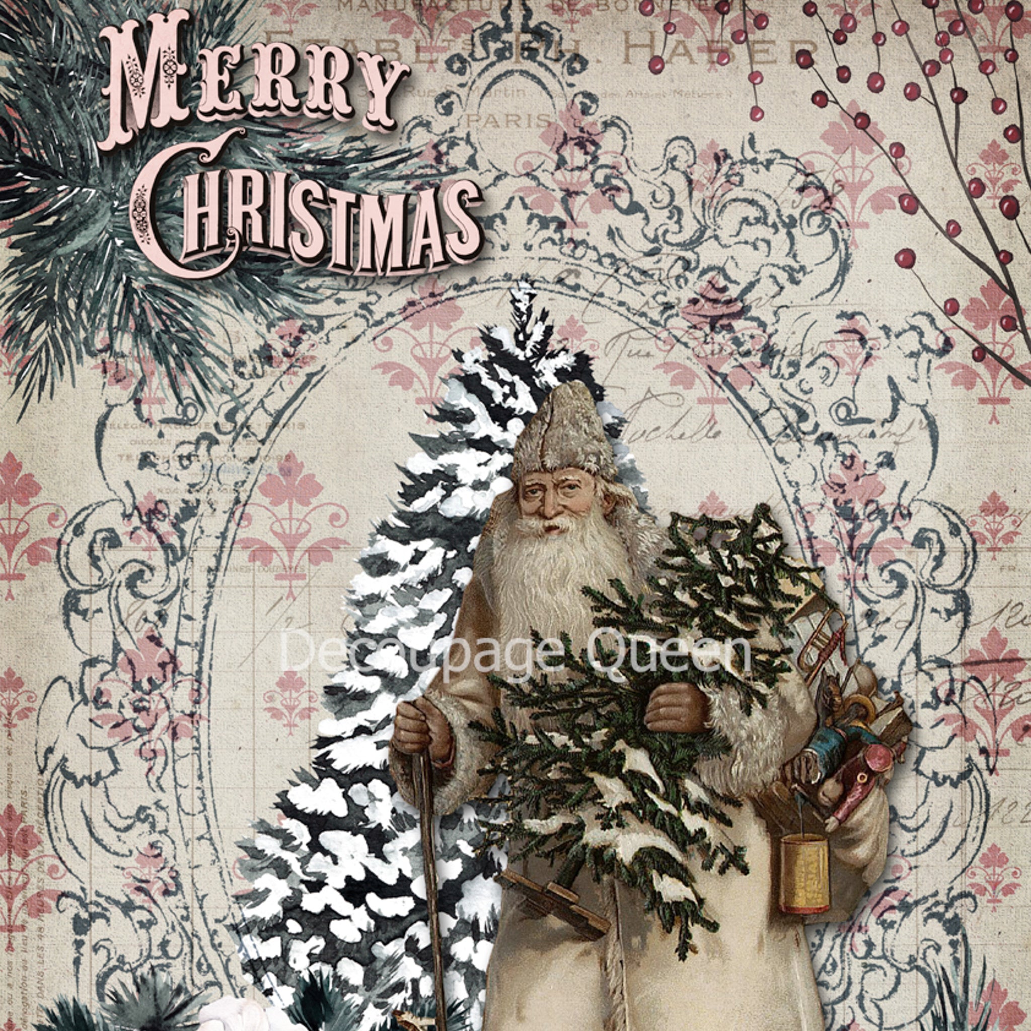 A3 rice paper design of a vintage Santa on a background with a snow covered pine tree and vintage floral wallpaper design.