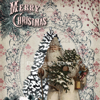A3 rice paper design of a vintage Santa on a background with a snow covered pine tree and vintage floral wallpaper design.