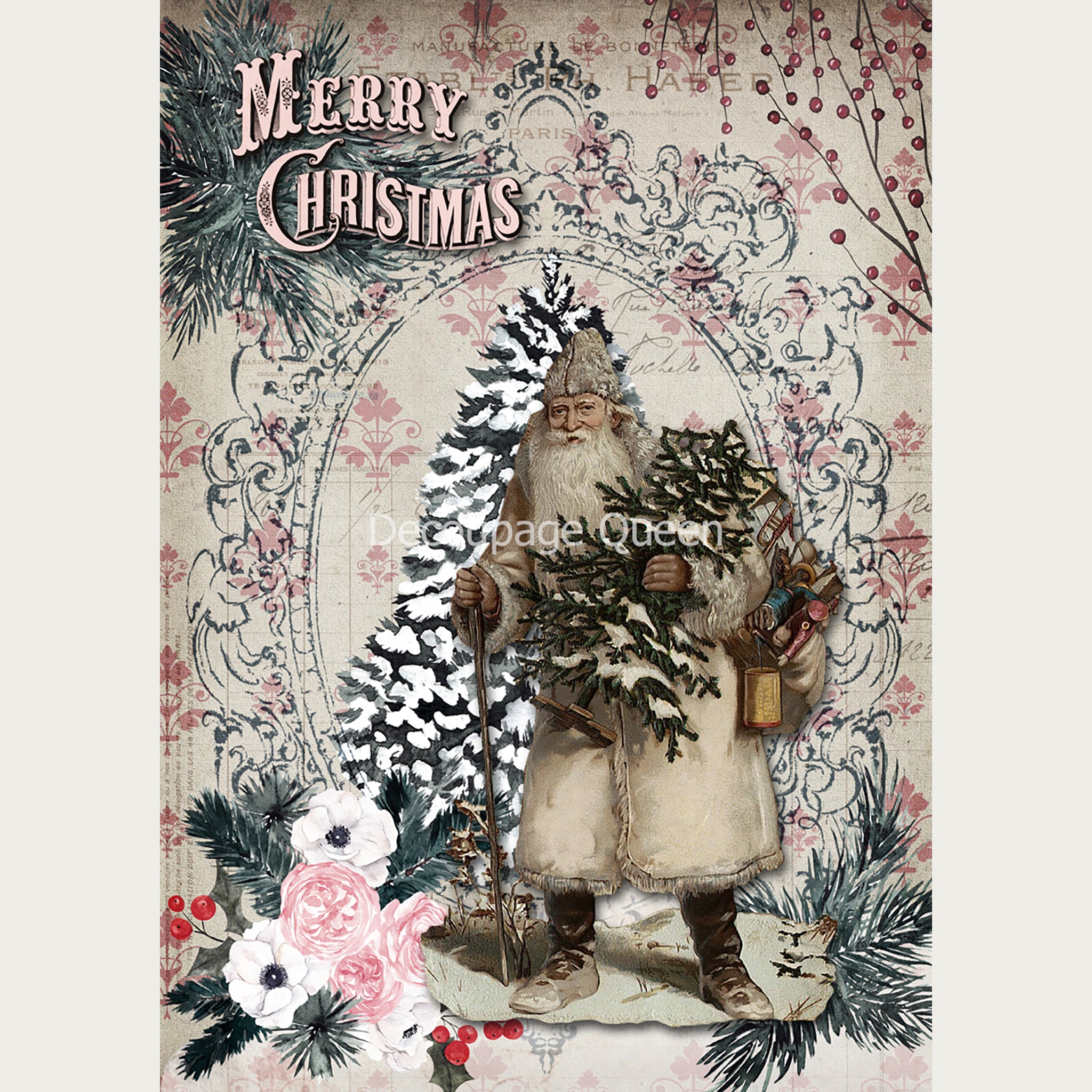 A3 rice paper design of a vintage Santa on a background with a snow covered pine tree and vintage floral wallpaper design.  White borders are on the sides.