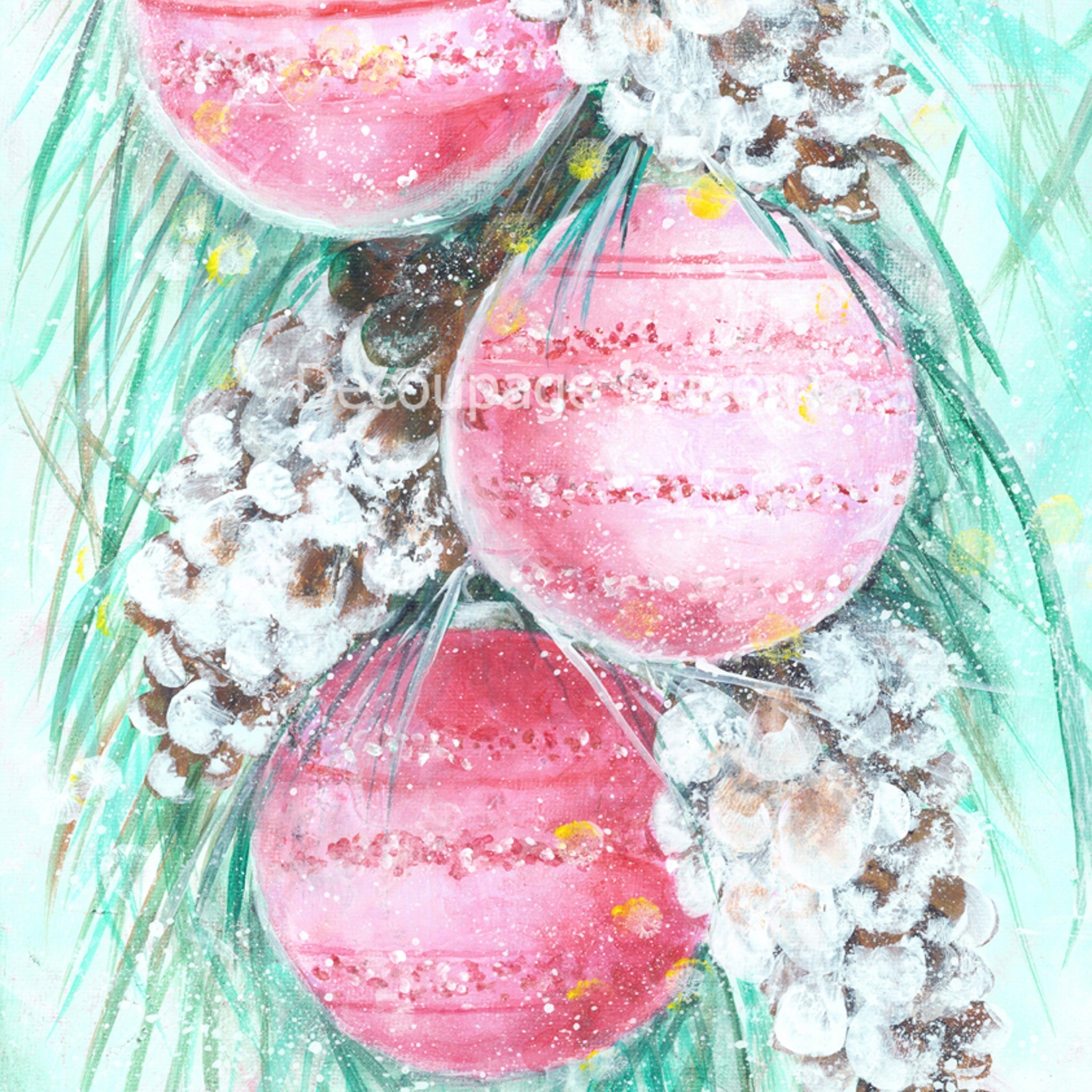 Hand painted style A1 rice paper design of pink ornaments and pine cones on a pine tree on a soft green background.