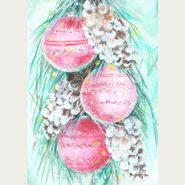 Hand painted style A2 rice paper design of pink ornaments and pine cones on a pine branch on a soft green background. White borders are on the sides.