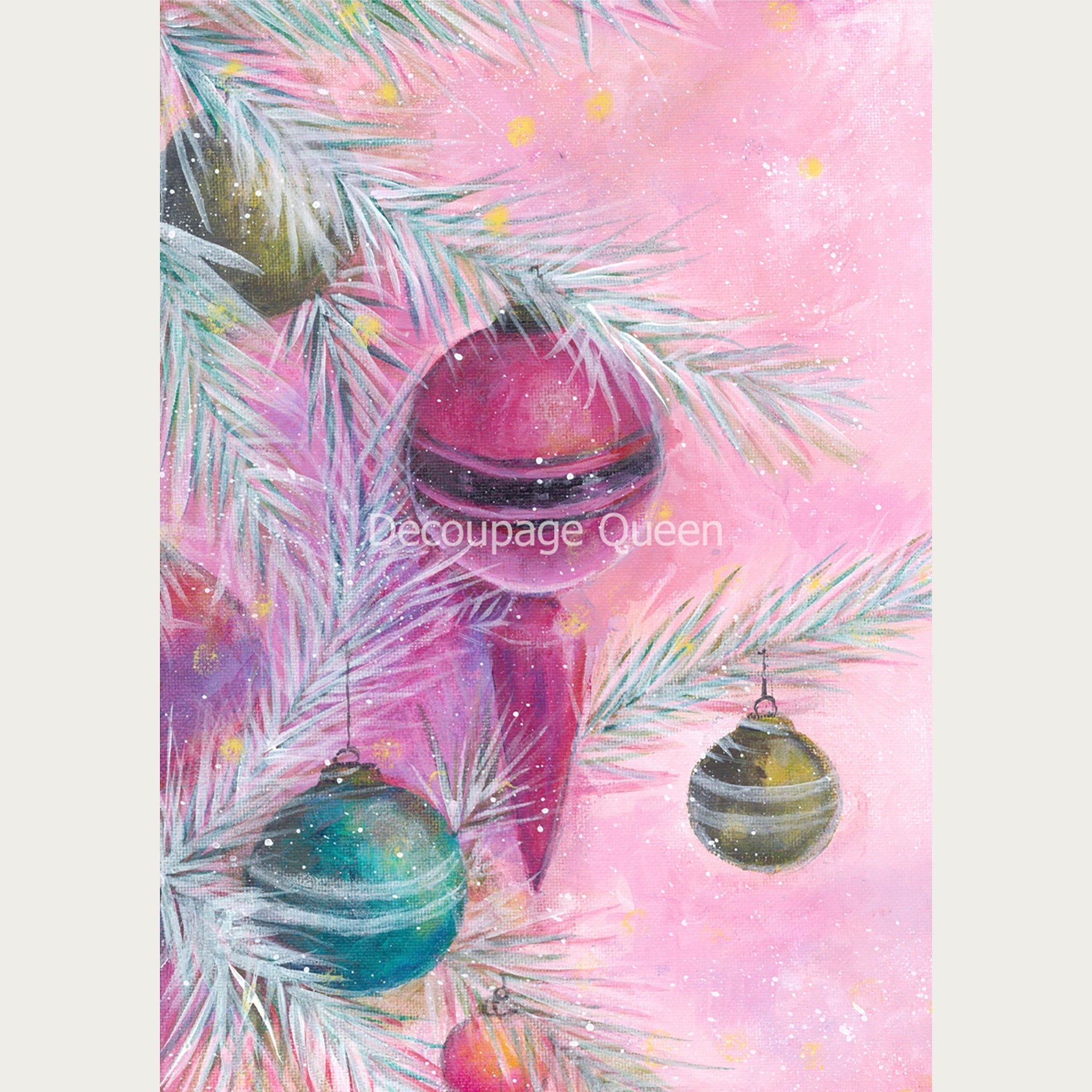 Hand painted style A0 rice paper design of ornaments and on a pine branch on a soft pink background. White borders are on the sides.