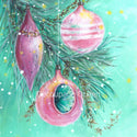 Hand painted style A0 rice paper design of ornaments and on a pine branch on a soft green background.