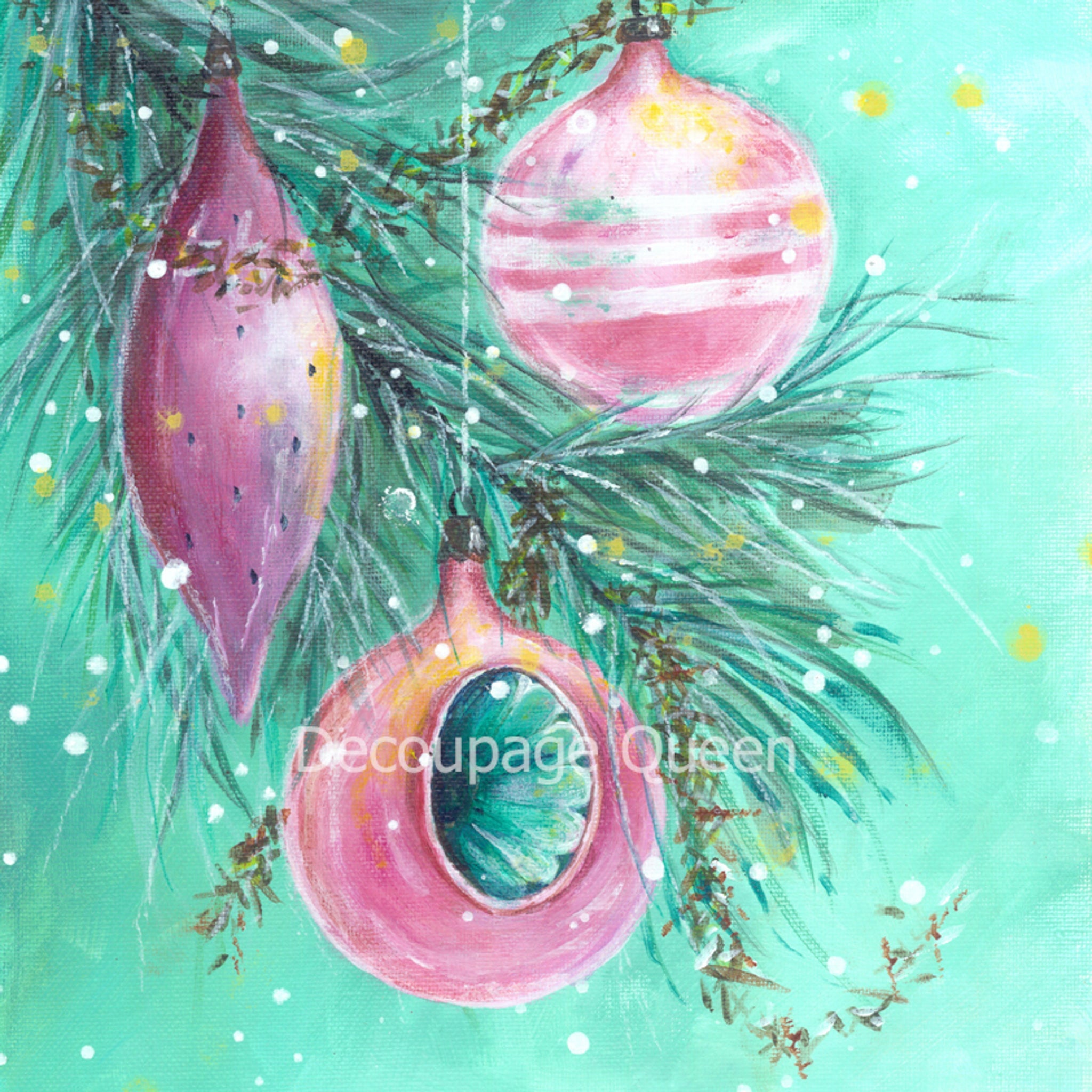 Hand painted style A2 rice paper design of ornaments and on a pine branch on a soft green background.