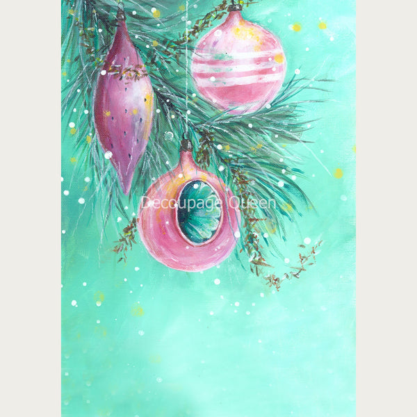 Hand painted style A1 rice paper design of ornaments and on a pine branch on a soft green background. White borders are on the sides.