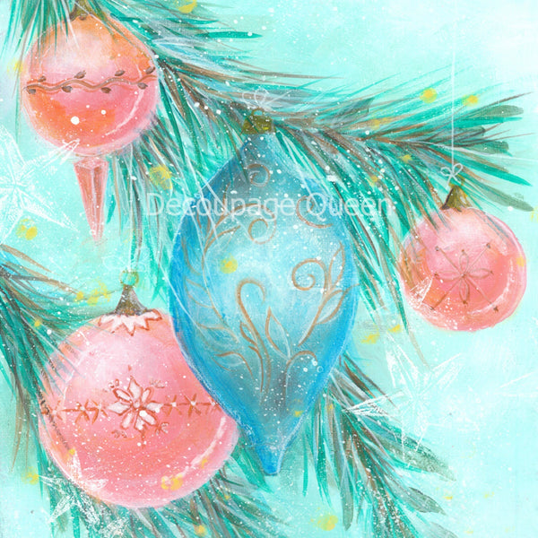 Hand painted style A0 rice paper design of pink and blue ornaments on a pine tree on a soft teal background.