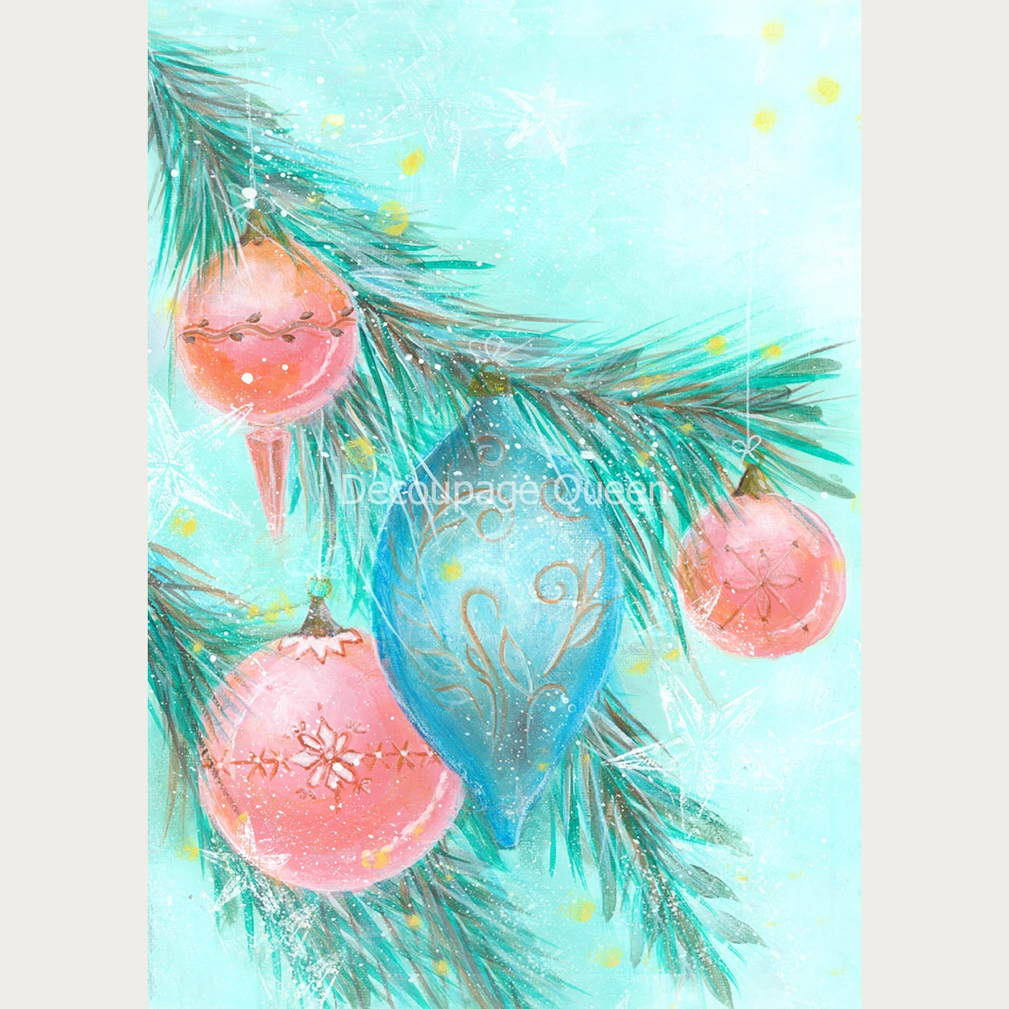 Hand painted style A0 rice paper design of pink and blue ornaments on a pine tree on a soft teal background. White borders areon the sides.