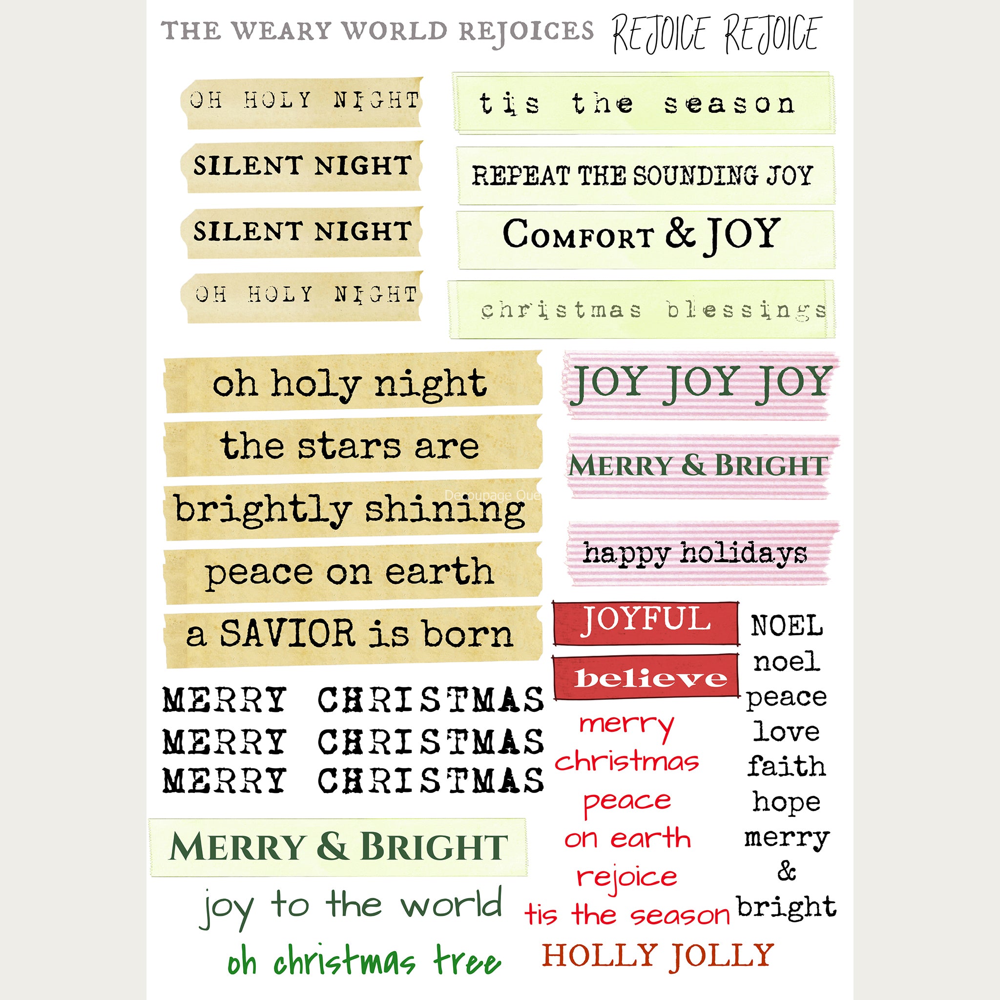A3 rice paper design of Christmas song lyrics and sayings. Cream colored borders are on the sides.