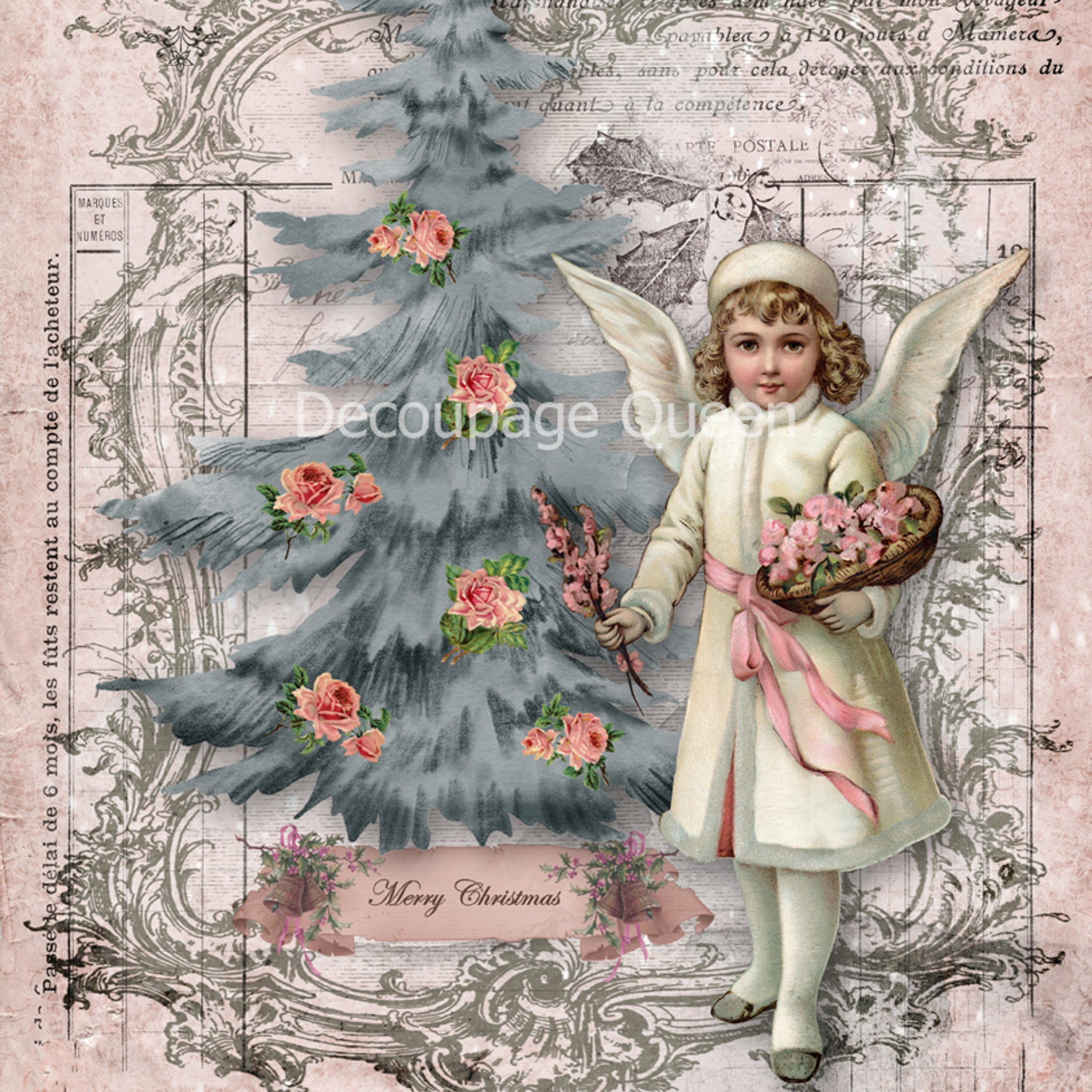 A3 rice paper design of a vintage angel girl holding flowers in front of a blue Christmas tree against a vintage parchment background.