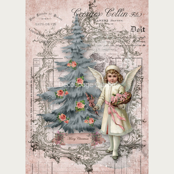 A3 rice paper design of a vintage angel girl holding flowers in front of a blue Christmas tree against a vintage parchment background. White borders are on the sides.