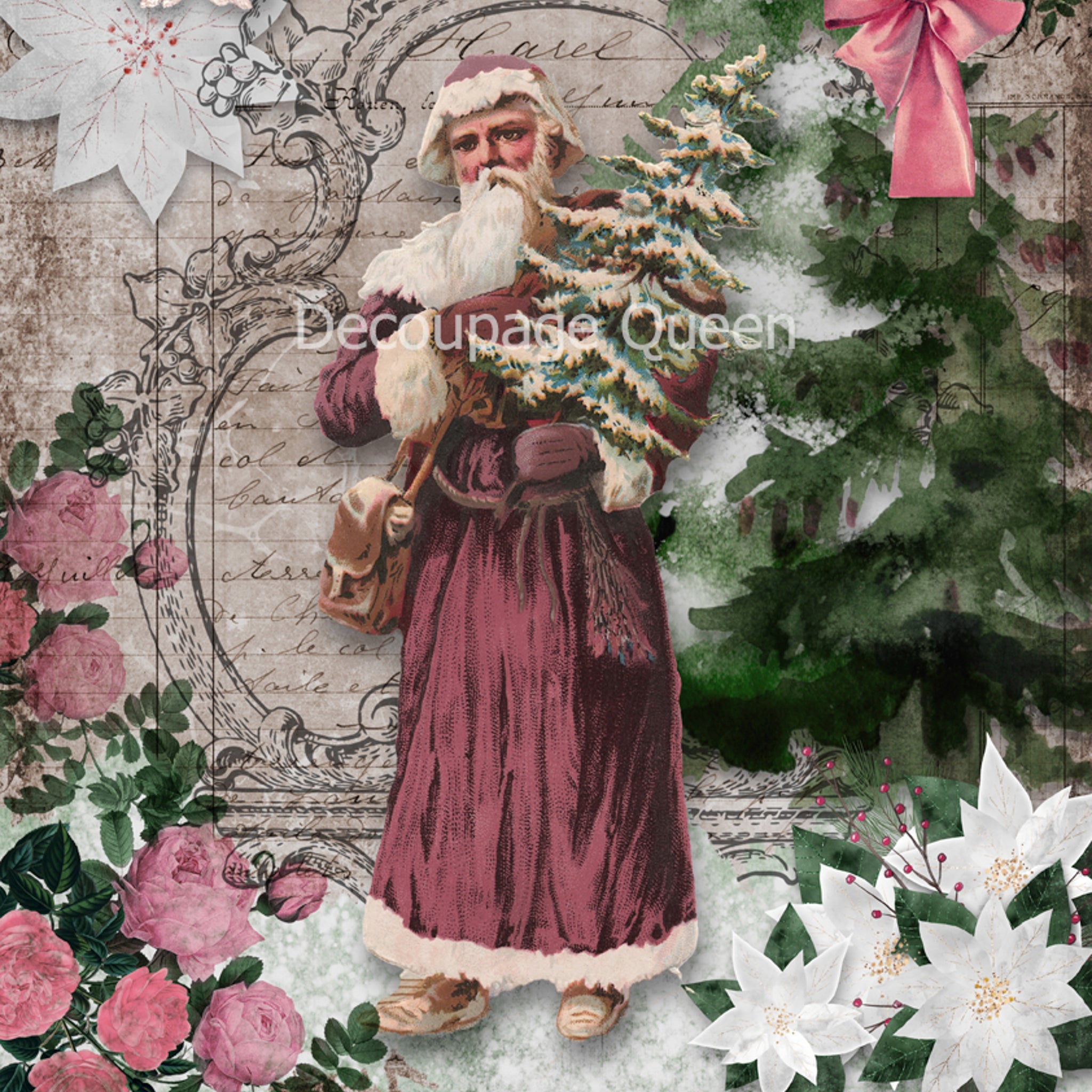 A3 rice paper design of a vintage Santa  holding a small pine tree on a background with pink and white flowers and a large watercolor pine tree.