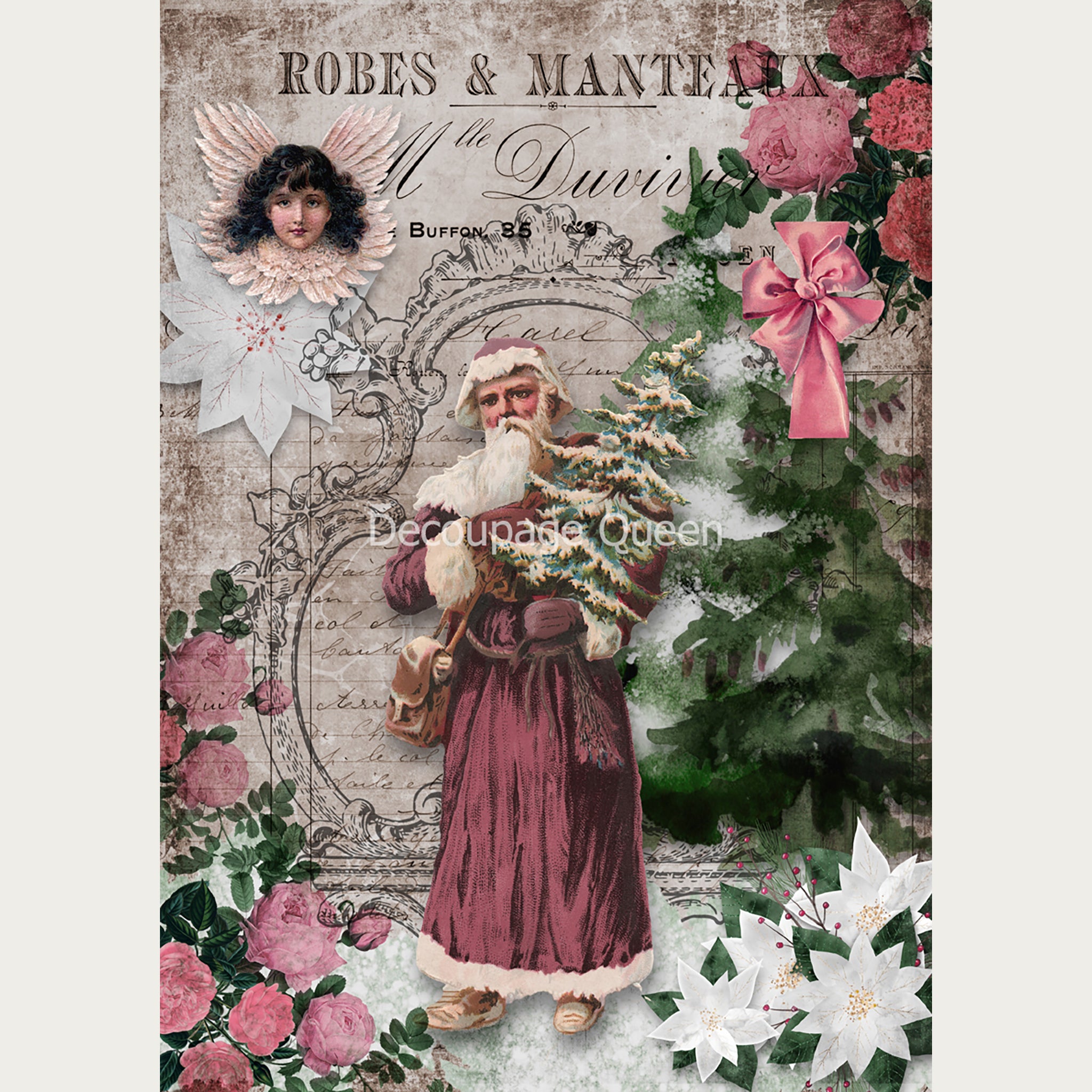 A3 rice paper design of a vintage Santa holding a small pine tree on a background with pink and white flowers and a large watercolor pine tree. White borders are on the sides.