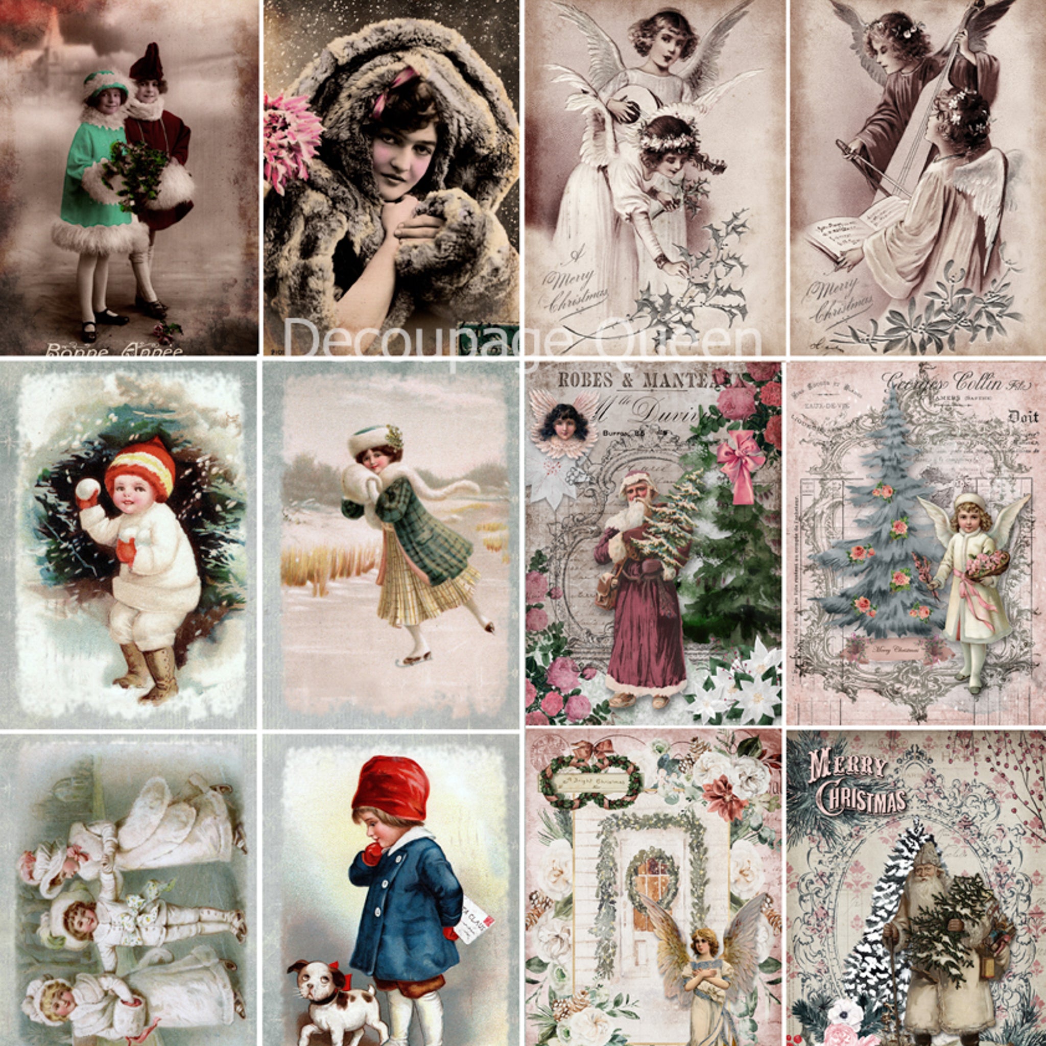 A3 rice paper designs featuring vintage scenes of children and women in winter clothes, Santas, and angels.
