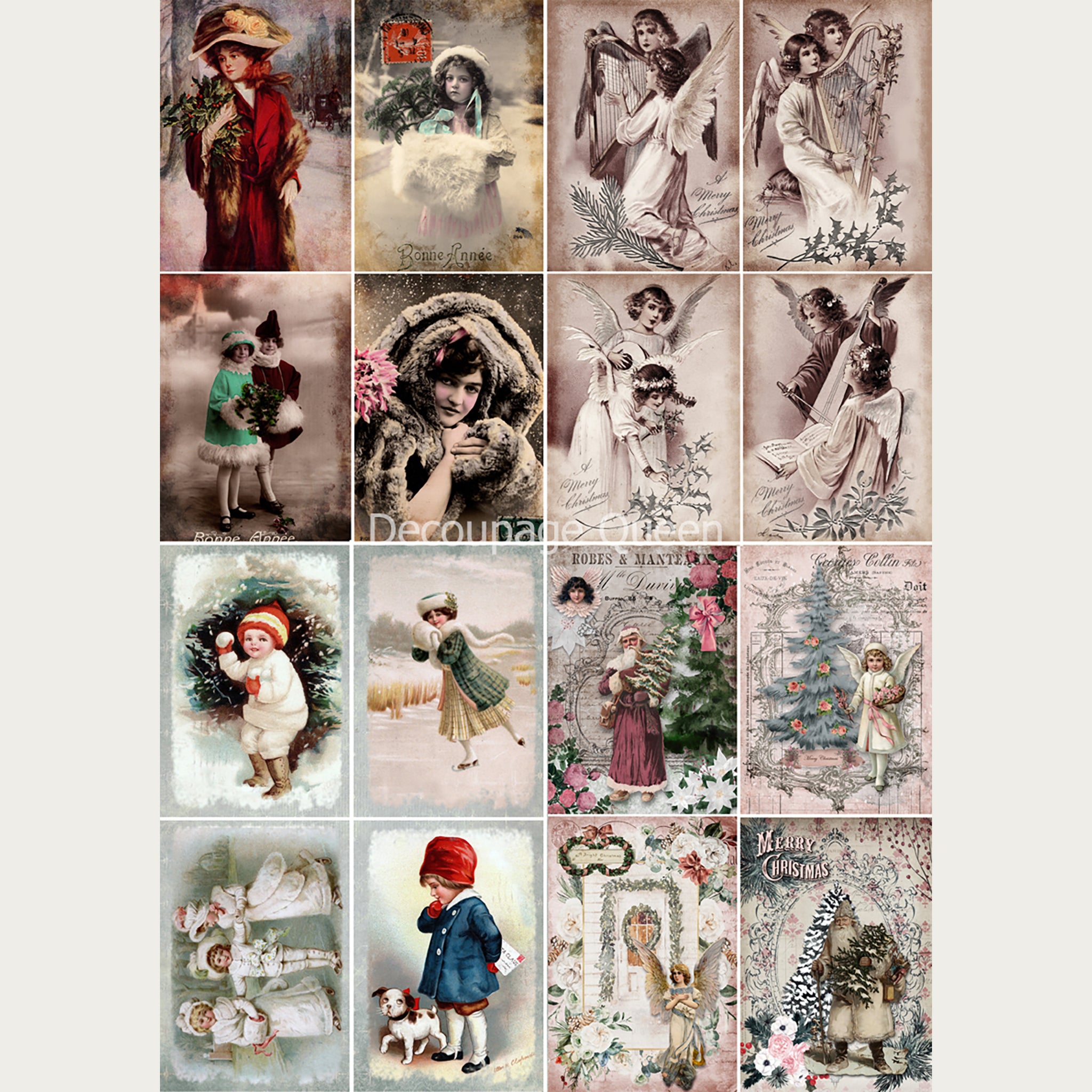 A3 rice paper designs featuring vintage scenes of children and women in winter clothes, Santas, and angels. White borders are on the sides.