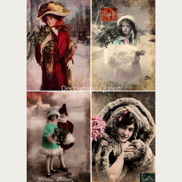 Rice paper featuring 4 scenes of vintage women and girls dressed in winter outfits. White borders are on the sides.