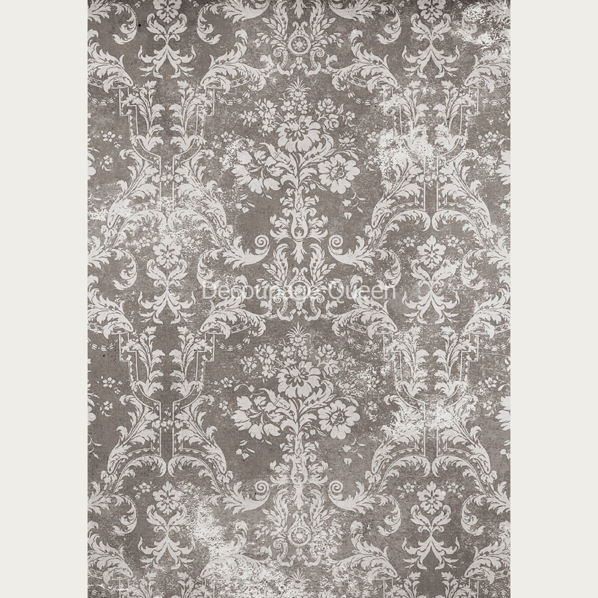 A0 rice paper of a light colored distressed floral damask design. White borders are on the sides.