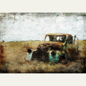 Rice paper featuring a decaying old farm truck out in a field. White borders on the sides.