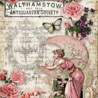 Close-up of an A4 rice paper design that features vintage parchment with writing, large pink roses, a butterfly, vintage signs, and a woman in a pink dress resting on a pale pink crescent moon.