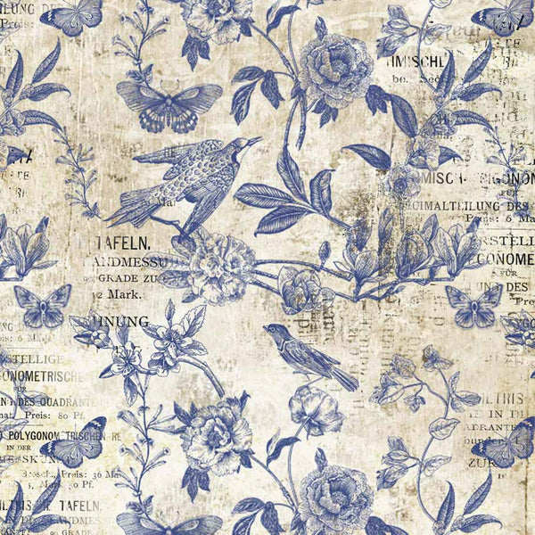 A1 rice paper design that features blue stamped birds, butterflies, and vining flowers on vintage magazine paper.