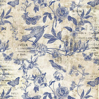 A4 rice paper design that features blue stamped birds, butterflies, and vining flowers on vintage magazine paper.