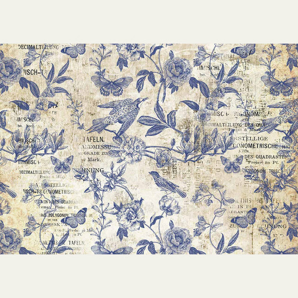 A1 rice paper design that features blue stamped birds, butterflies, and vining flowers on vintage magazine paper. White borders are on the top and bottom.
