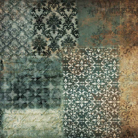 Close-up of a rice paper design that features a beautiful collage of damask designs in rich tones of patina, rust, and sepia. White borders are on the top and bottom.
