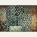 Rice paper design that features a beautiful collage of damask designs in rich tones of patina, rust, and sepia. White borders are on the top and bottom.