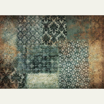 Rice paper design that features a beautiful collage of damask designs in rich tones of patina, rust, and sepia. White borders are on the top and bottom.