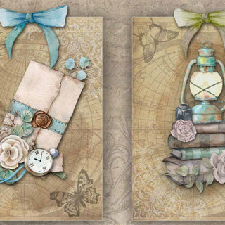 A3 rice paper design that features 2 card designs. One has a ribbon wrapped note with flowers and a pocket watch. The other has a vintage camping lamp sitting on a stack of books.